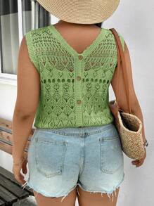 SHEIN Frenchy Plus Size Knitted Vest, Sleeveless, Solid Color, Fashion, Suitable For Summer - Green - View 1