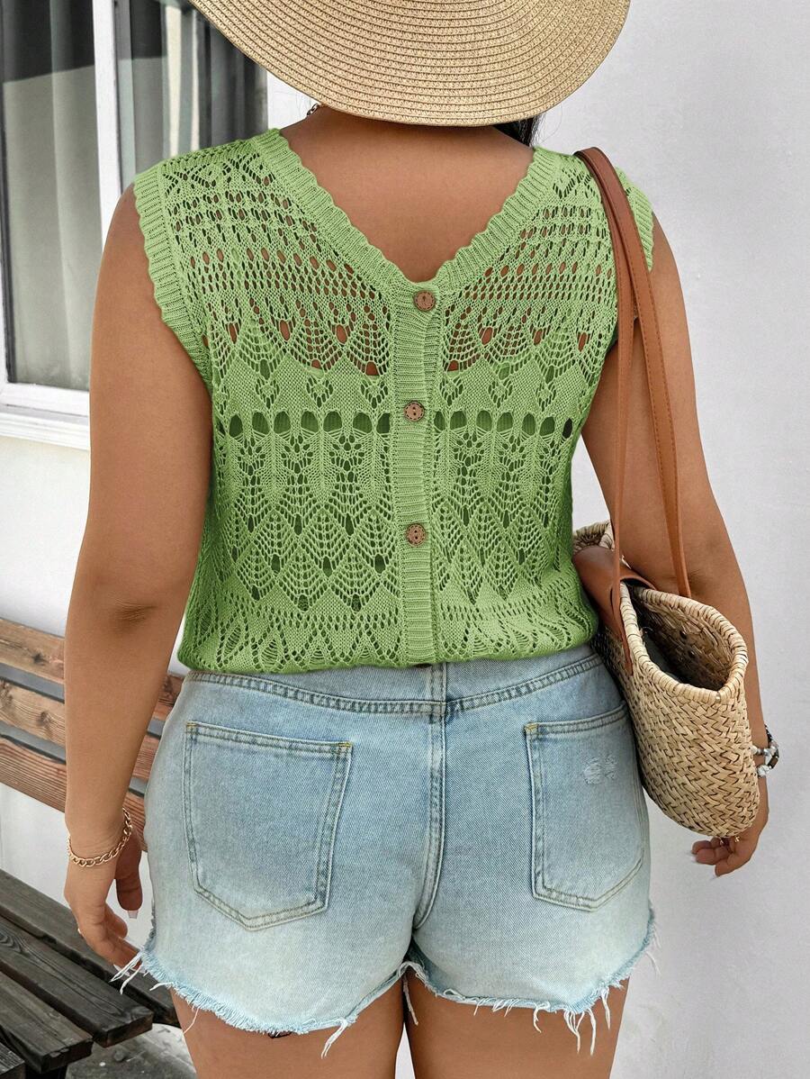SHEIN Frenchy Plus Size Knitted Vest, Sleeveless, Solid Color, Fashion, Suitable For Summer - Green - View 1
