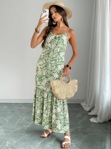 EMERY ROSE Women's Boho Green Floral Print Long Dress With Spaghetti Straps And Ruffle Hem - Green - View 7