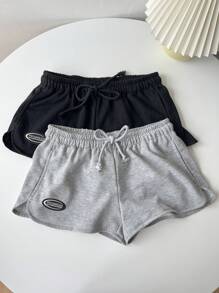 SHEIN EZwear 2 件女士休闲抽绳松紧腰短裤套装，带开叉，适合夏季 - 彩色 - 查看 3