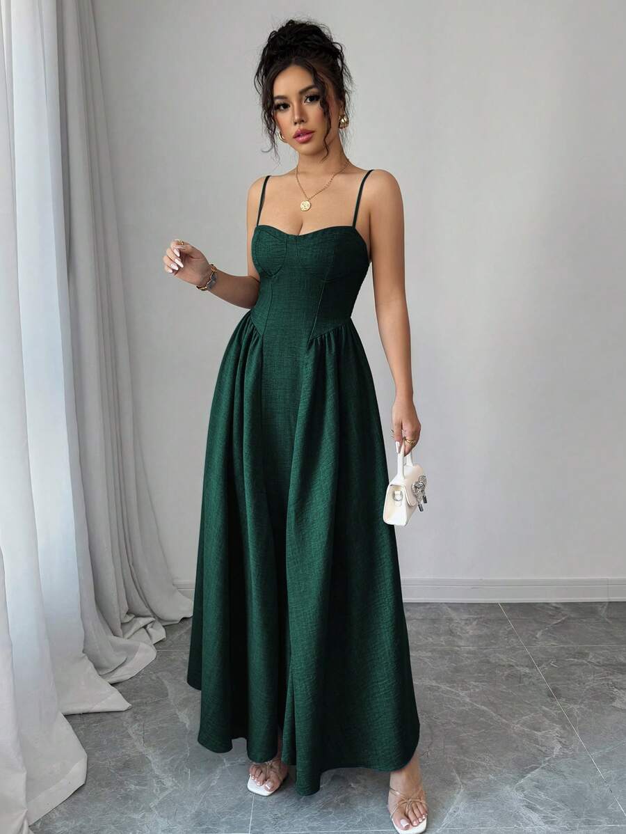 Elenzga Đầm nữ dáng chữ A xẻ tà hở lưng thanh lịch lãng mạn hiệu ứng denim - Màu xanh lá cây đậm - Xem 1
