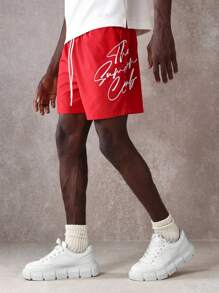 SUMWON 运动性能速干尼龙短裤夏季宽松健身跑步训练沙滩运动抽绳腰带活跃生活方式运动短裤带侧边脚本徽标印花