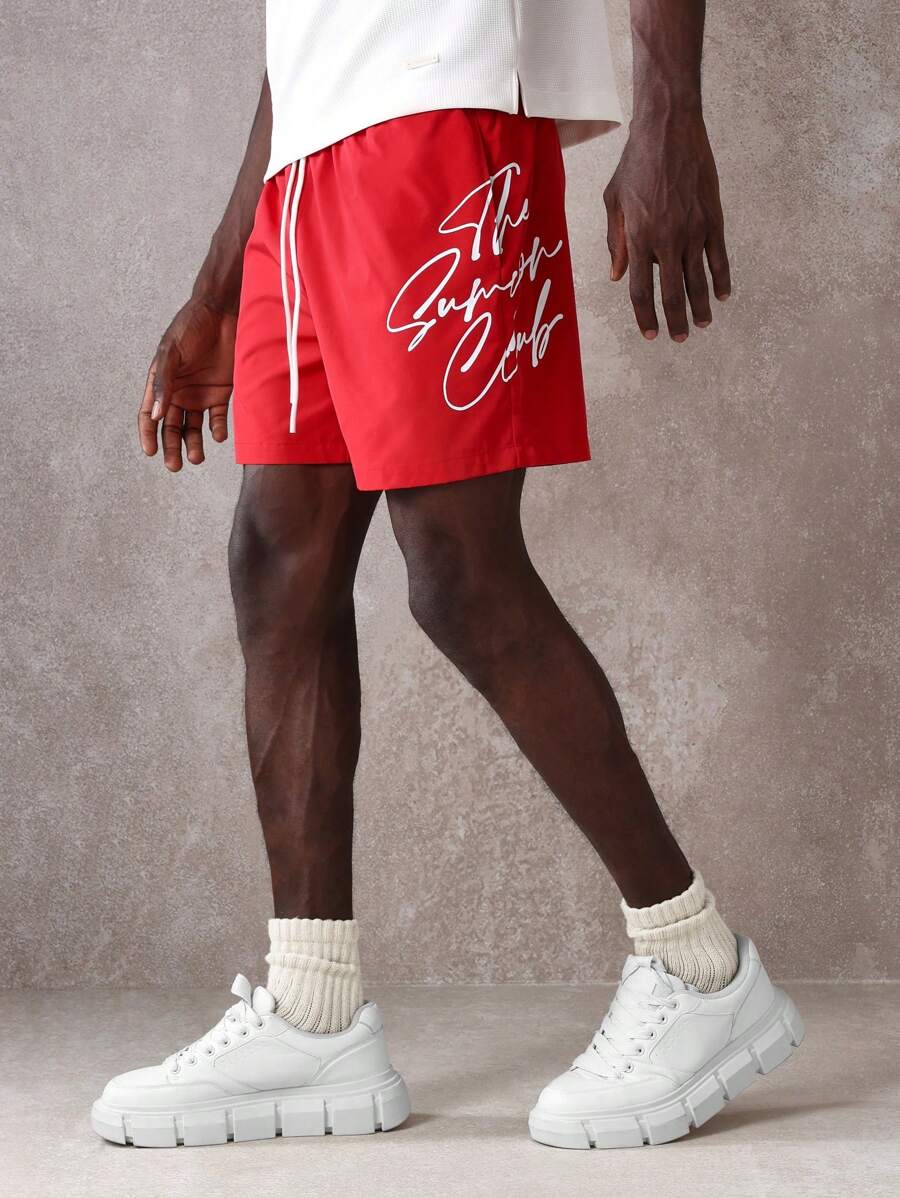 SUMWON 运动性能速干尼龙短裤夏季宽松健身跑步训练沙滩运动抽绳腰带活跃生活方式运动短裤带侧边脚本徽标印花