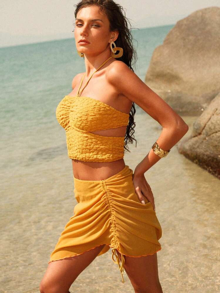 Anewsta Bộ đồ bơi Tankini vải họa tiết thanh lịch 3 mảnh cho nữ, mùa hè - Vàng - Xem 6