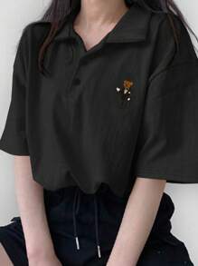 DAZY Summer Casual Loose Bear Printed Drop Shoulder Polo Collar T-Shirt