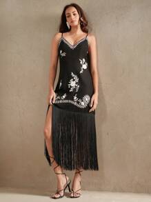 Anewsta Cocktail Party Vacanță Retro Rochie Brodată Decolteu V cu ciucuri pentru femei