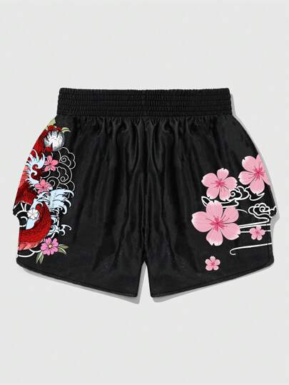 Anime Pantalones cortos de boxeo holgados con estampado de dragón, letra y floral, para volver a la escuela