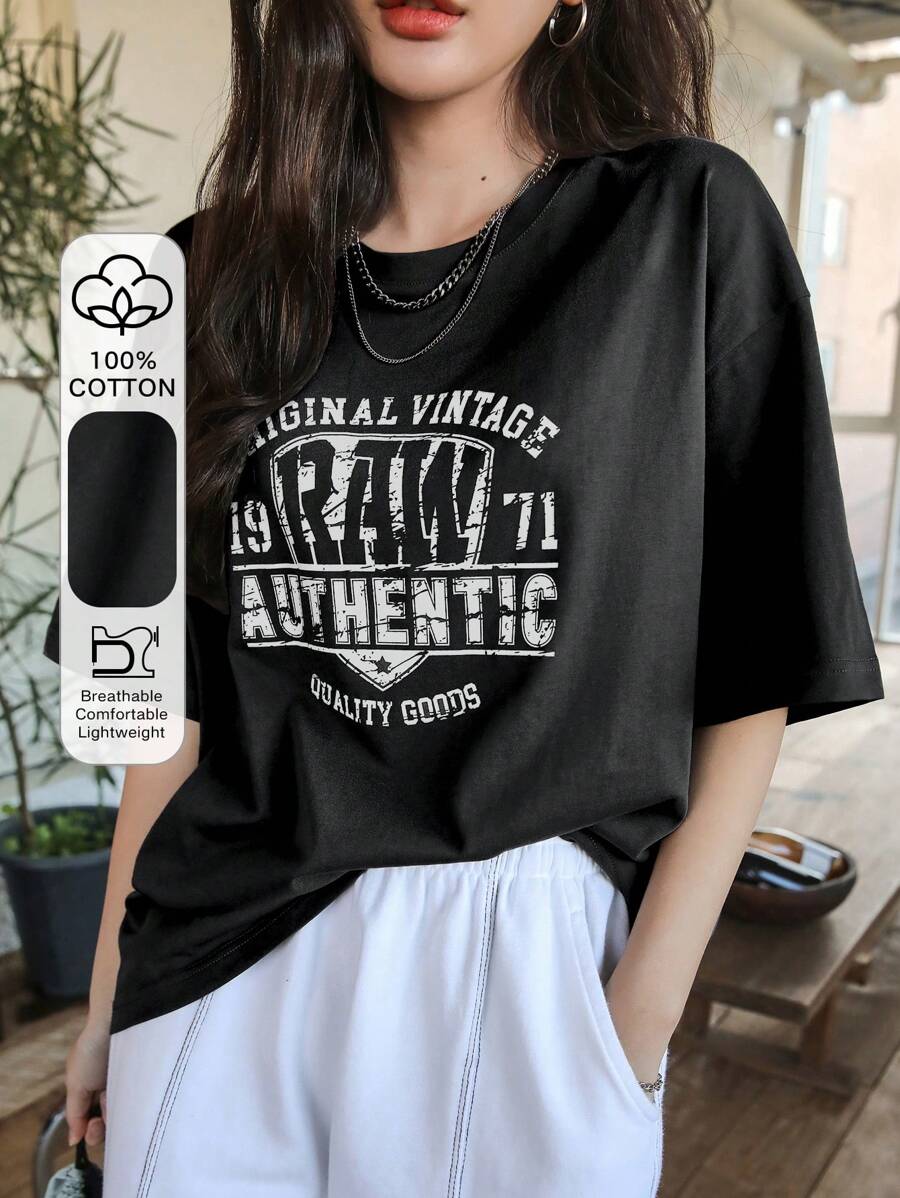 DAZY Letter Graphic Drop Shoulder Tee Summer Oversized T-Shirt - Black - View 1