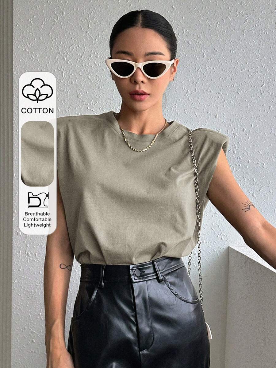 DAZY Solid Color Sleeveless Round Neck Padded Shoulder Casual T-Shirt Summer - Khaki - View 1