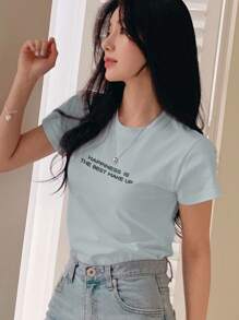 DAZY Áo thun nữ cổ tròn in chữ màu xanh lam, tay ngắn, thường ngày, mùa xuân/hè - Màu xanh bụi bặm - Xem 5