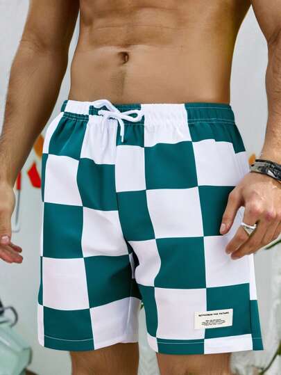 SHEIN Leap Crew Teen Boys Casual Plaid Beach Shorts, Swimming Trunks - Green & White Plaid Shorts, Suitable For Beach, Swimwear, Sports, Surfing, Swimming, Hot Springs