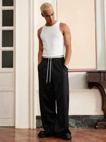 SWAVVY Men's Fashion Casual Black Essential Solid Color, Letter Embroidery Loose Straight Leg Sweatpants, For Daily Wear - Black - View 3