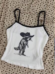 Attitoon Women Casual Sexy Racerback Slim Fit Black & White Contrast Camisole, Suitable For Summer, Raccoon Print, Cowgirl