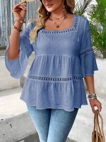 SHEIN Clasi 大码女式度假纹理竹节领荷叶边喇叭袖衬衫