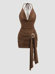 Sweetra 女士时尚性感复古优雅挂脖腰带紧身迷你连衣裙