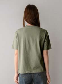 Dazy-Less Women's Loose Fit Letter Print Round Neck Casual Short Sleeve T-Shirt Summer Graphic Tee - Olive Green - View 5