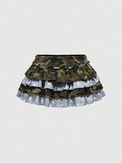 J-Fashion Women's Casual Camo Patchwork Ruffle Hem Skirt, Summer