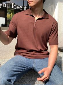 SHEIN Camisa polo marrón de ajuste minimalista y texturizado para niños adolescentes, de estilo casual escolar, cómodo y de moda, versátil para uso diario, escuela, viajes, deporte, vacaciones en la playa
