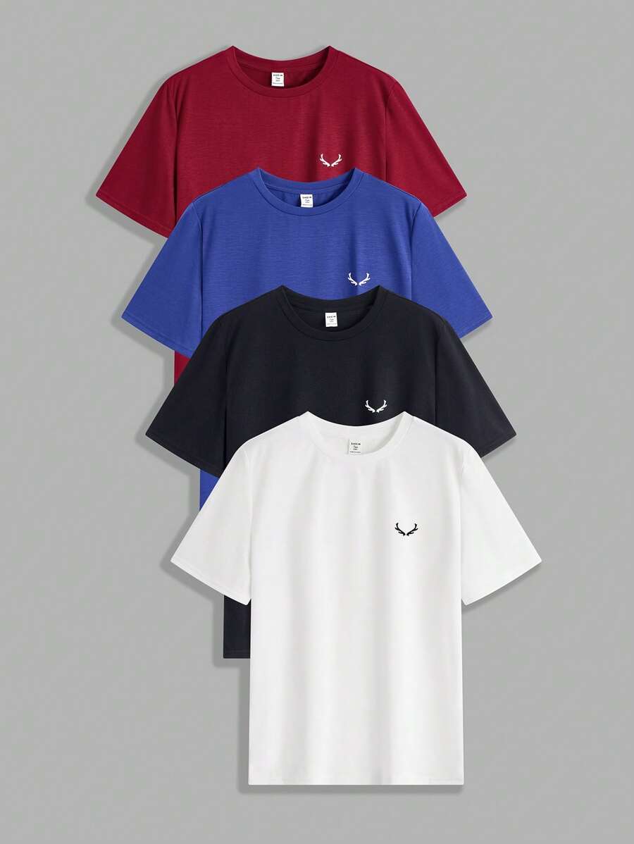 SHEIN 4pcs/Set Teen Boys' Casual Solid Color Loose Fit Crew Neck Short Sleeve Knit T-Shirts, 4 Colors, School, Campus, College - Red - View 1