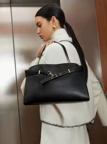 SHECARRY Women Simple Plain Metal Decor Tote Bag, Casual Everyday Use - Black - View 1