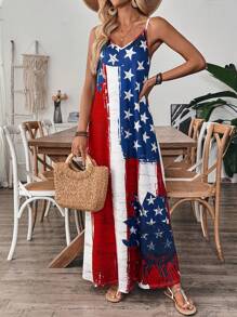SHEIN 女式休闲长吊带连衣裙，饰有美国国旗印花