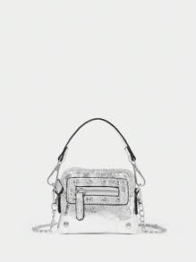 SHECARRY Women's Fashionable Personalized Street Style Edgy Y2K Versatile Mini Bag, Can Be Worn As Shoulder/Handbag/Clutch, 2000s Fashion Style Bag For Women - Bright silver - View 3