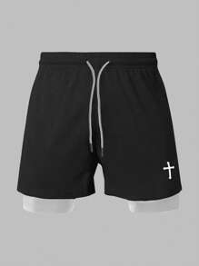 Coreblaze Men's Cross Print Drawstring Waist Sports Shorts Biker Shorts Running Shorts - Black and White - View 4