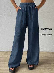 SHEIN EZwear Women's Solid Color Simple Texture Wrinkled Loose Fit Pants For Daily Wear