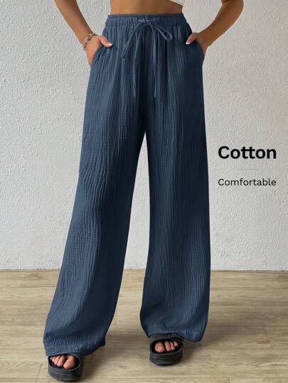 SHEIN EZwear 女式純色簡約紋理感鬆身褲，適用於日常穿著