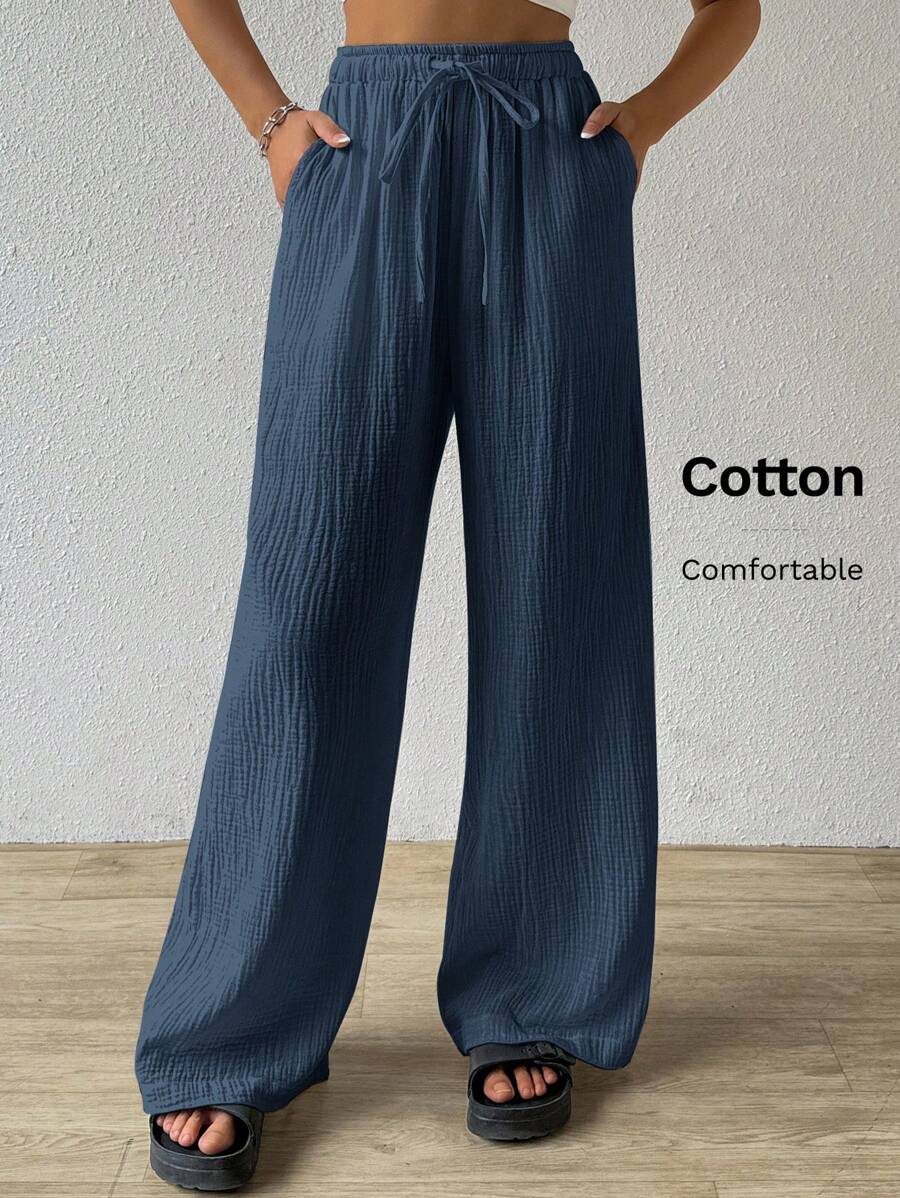 SHEIN EZwear Women's Solid Color Simple Texture Wrinkled Loose Fit Pants For Daily Wear