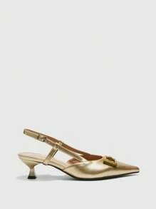 CUCCOO BIZCHIC Fashion Pointed Toe Women Pumps With Chain & Cutout Backless Design, Kitten Heel High Heel Dress Shoes For Work For Christmas Valentine's Day Spring Shoes - Gold - View 6