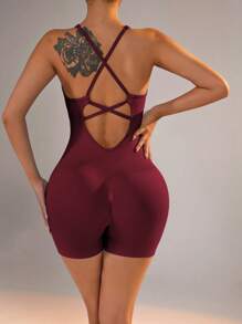 SHEIN Core Rhythm Women Solid Color Backless Tie Sports Jumpsuits Workout Rompers Jumpsuits Workout Clothes Women Women Clothing Athletic Women Sports Outfit - Burgundy - View 2