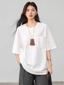 Dazy-Less T-shirt ample et décontracté pour femme, style minimaliste avec grande poche, manches courtes, t-shirt oversize pour l'été - Blanc - Voir 8