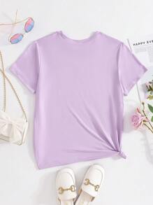 SHEIN GraphicGems Camiseta de manga corta y cuello redondo de color púrpura con estampado lindo de capibara y té de burbujas para niñas preadolescentes