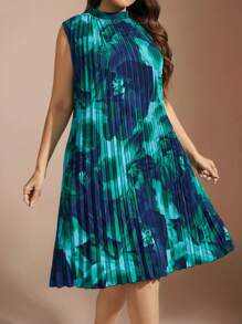 Flouryn Plus Size Floral Print Stand Collar Pleated Dress For Summer - Multicolor - View 1