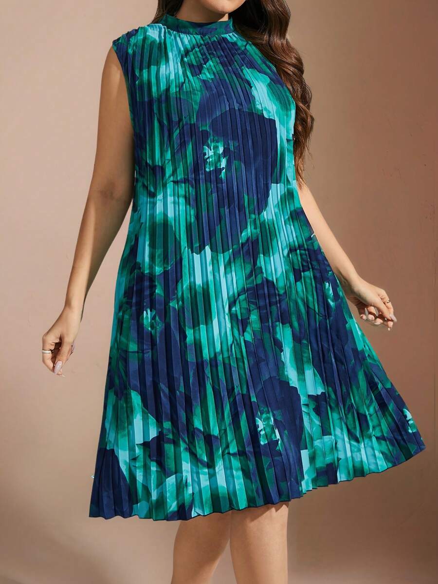 Flouryn Plus Size Floral Print Stand Collar Pleated Dress For Summer - Multicolor - View 1