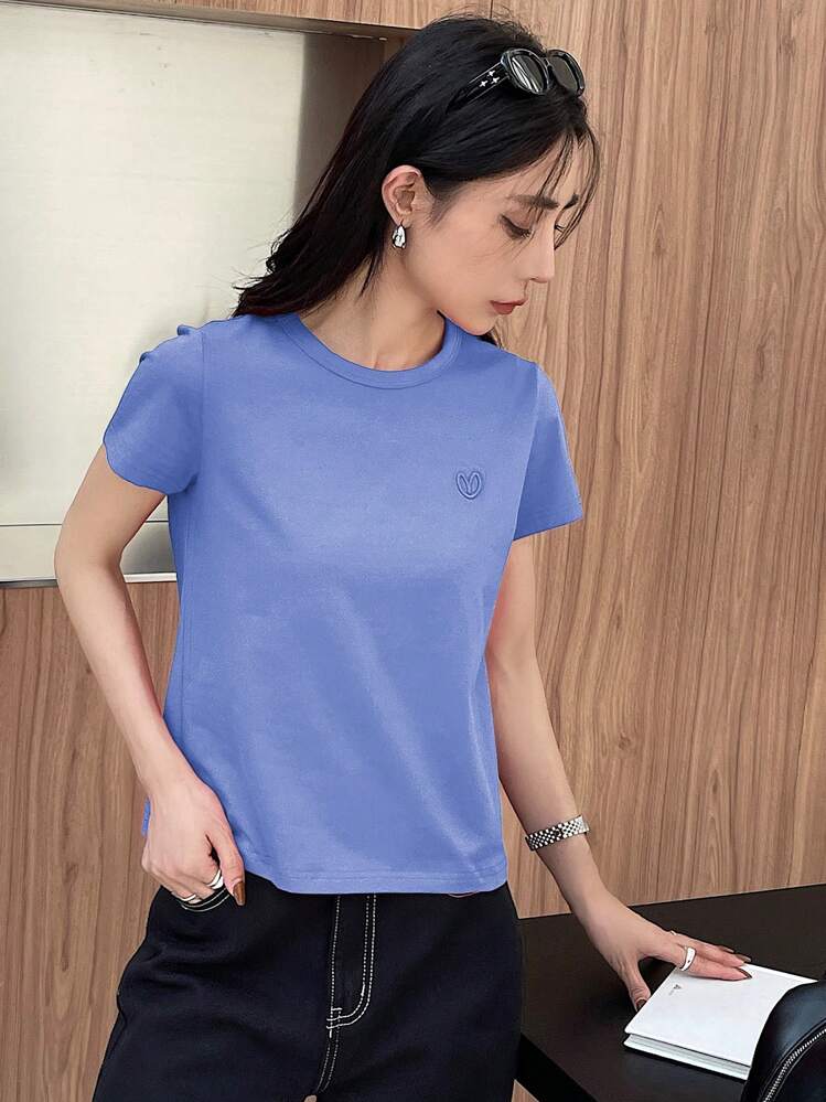 DAZY 女士纯色夏季心形图案刺绣T恤，商务休闲女装 - 藍色 - 查看 4