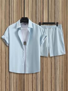 Manfinity Homme 男士两件套服装 - 纯色短袖衬衫和短裤海滩度假服装