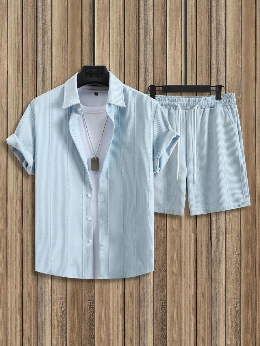 Manfinity Homme 男士两件套服装 - 纯色短袖衬衫和短裤海滩度假服装