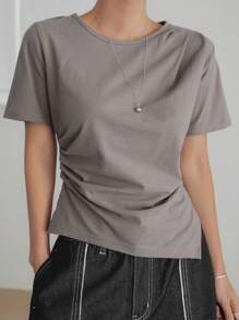 Dazy-Less 女士简约纯色商务休闲不对称下摆褶皱侧开衩短袖 T 恤，夏季 - 灰色 - 查看 4
