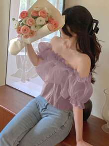 DAZY Women's Off-Shoulder Ruffle Hem Cropped Blouse, Apricot Color, Spring/Summer - Purple - View 1