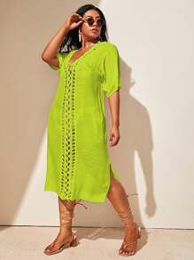 Slaydiva Plus Size Women's Hand-Knitted Plus Size Short Sleeve Long Cover Up For Summer Beach Vacation - Mint Green - View 3