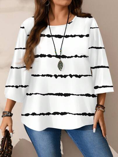 EMERY ROSE Plus Size Women's Casual Allover Print Loose Round Neck 3/4 Sleeve Blouse, Spring/Summer Fall Clothes Chic Blouses For Women