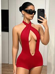 SHEIN ICON Cross Back Deep V-Neck Sexy Bodycon Jumpsuit - Red - View 8