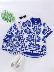 Herren elegante Kurzarm Strickjacken Hemd mit Blume Muster