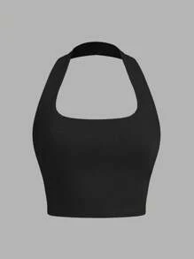 SHEIN EZwear 3pcs Women Casual Backless Ribbed Fabric Halter Tanks With Padded Bra, Suitable For Summer - Multicolor - View 4