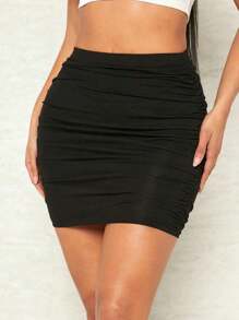 SHEIN BAE 素色緊身褶邊半身裙