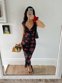 SHEIN Frenchy 女士优雅法式玫瑰花卉网眼面料修身中长连衣裙，优雅夏季女士毕业礼服，女士沙滩装，复活节礼服，女士毕业礼服，狂欢装 - 黑色 - 查看 1