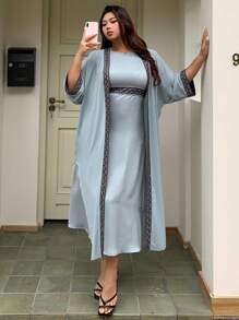 Dazy Plus 2pcs Set: Plus Size Loose Patchwork Placket Smock & Spaghetti Strap Dress Carnival - Baby Blue - View 5
