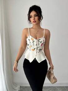 Elenzga 女士节日网眼刺绣花卉无袖短款束腰上衣 - 杏色 - 查看 5